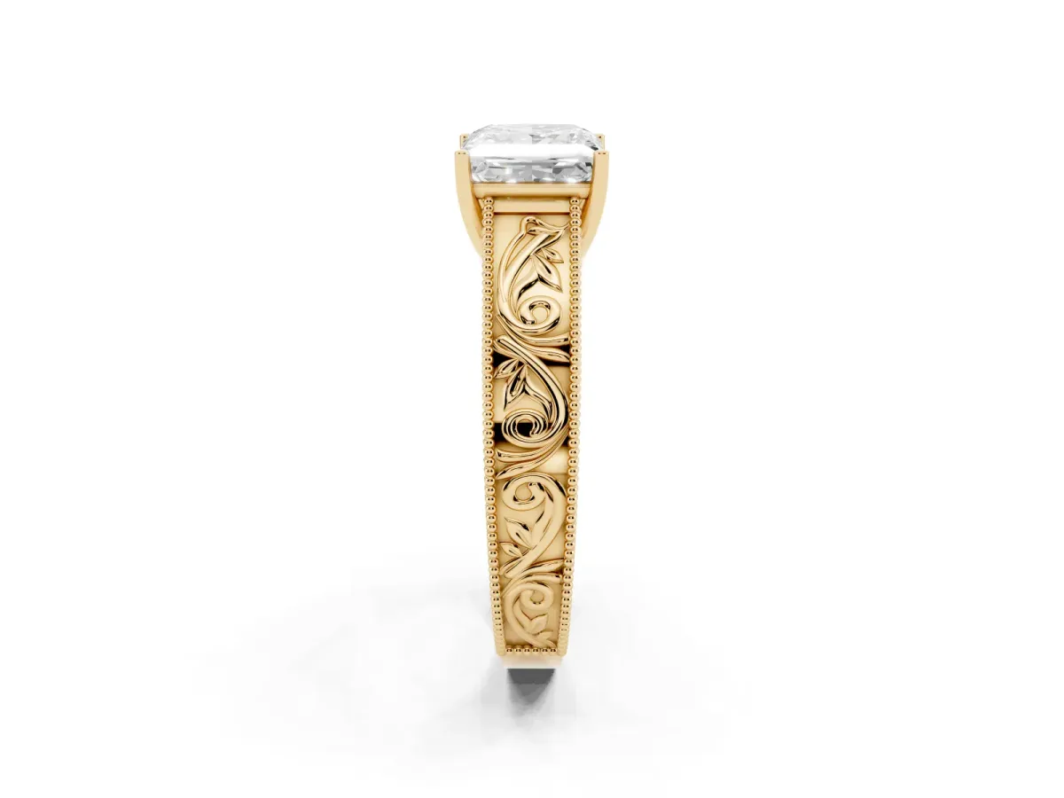 Princess Cut Diamond Solitaire Ring with Engraved Band and Four-Prong Setting Yellow gold