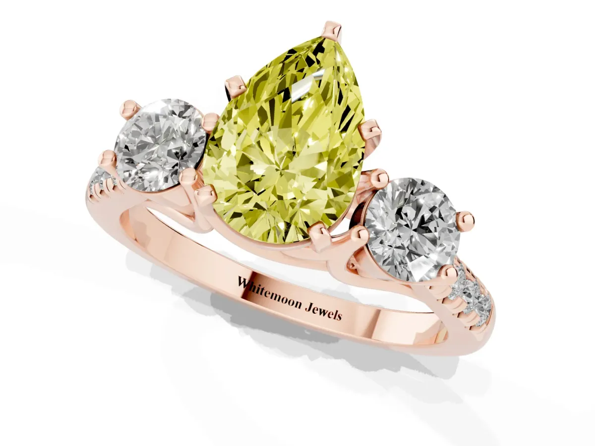Fancy Yellow Three-Stone Pear Cut Diamond Pavé Band with Four-Prong Setting Rose gold