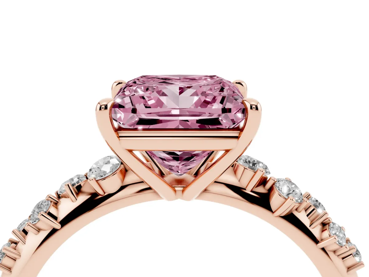 Fancy Pink Princess Cut Diamond Cluster Side Stone Solitaire Ring with Prong Setting Rose gold