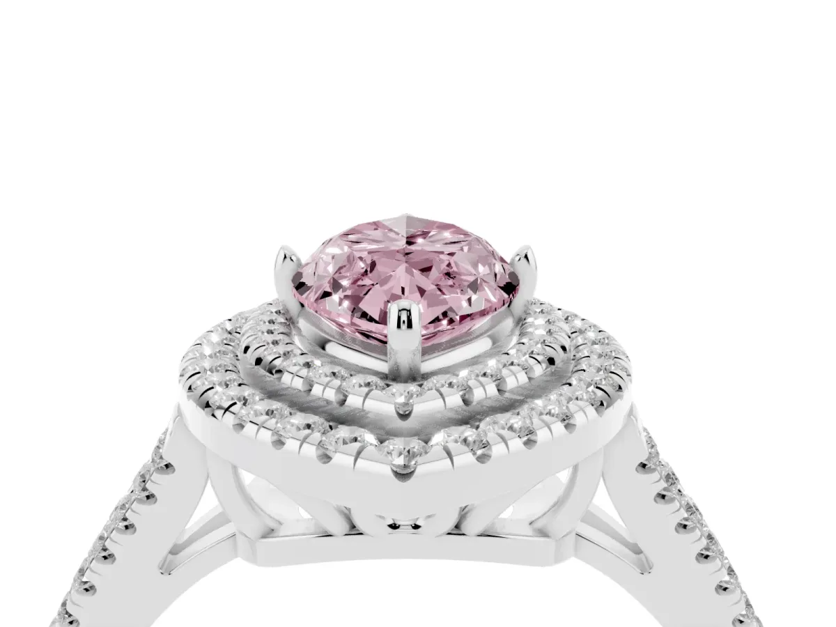 Fancy Pink Marquise Cut Diamond Double Halo Ring with Pavé Band and Prong Setting Silver