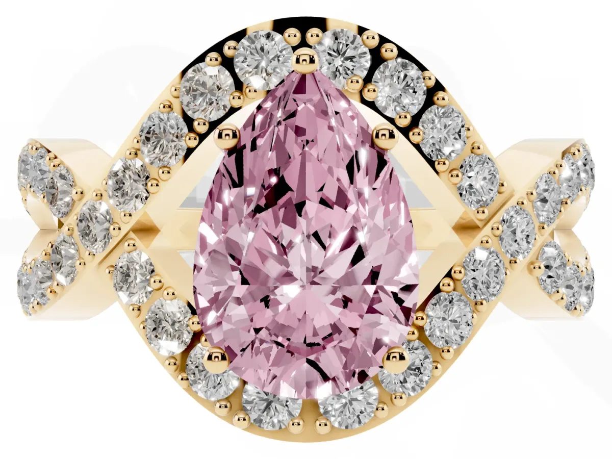 Fancy Pink Pear Cut Solitaire Twist Band Pavé Diamond Engagement Ring Yellow gold