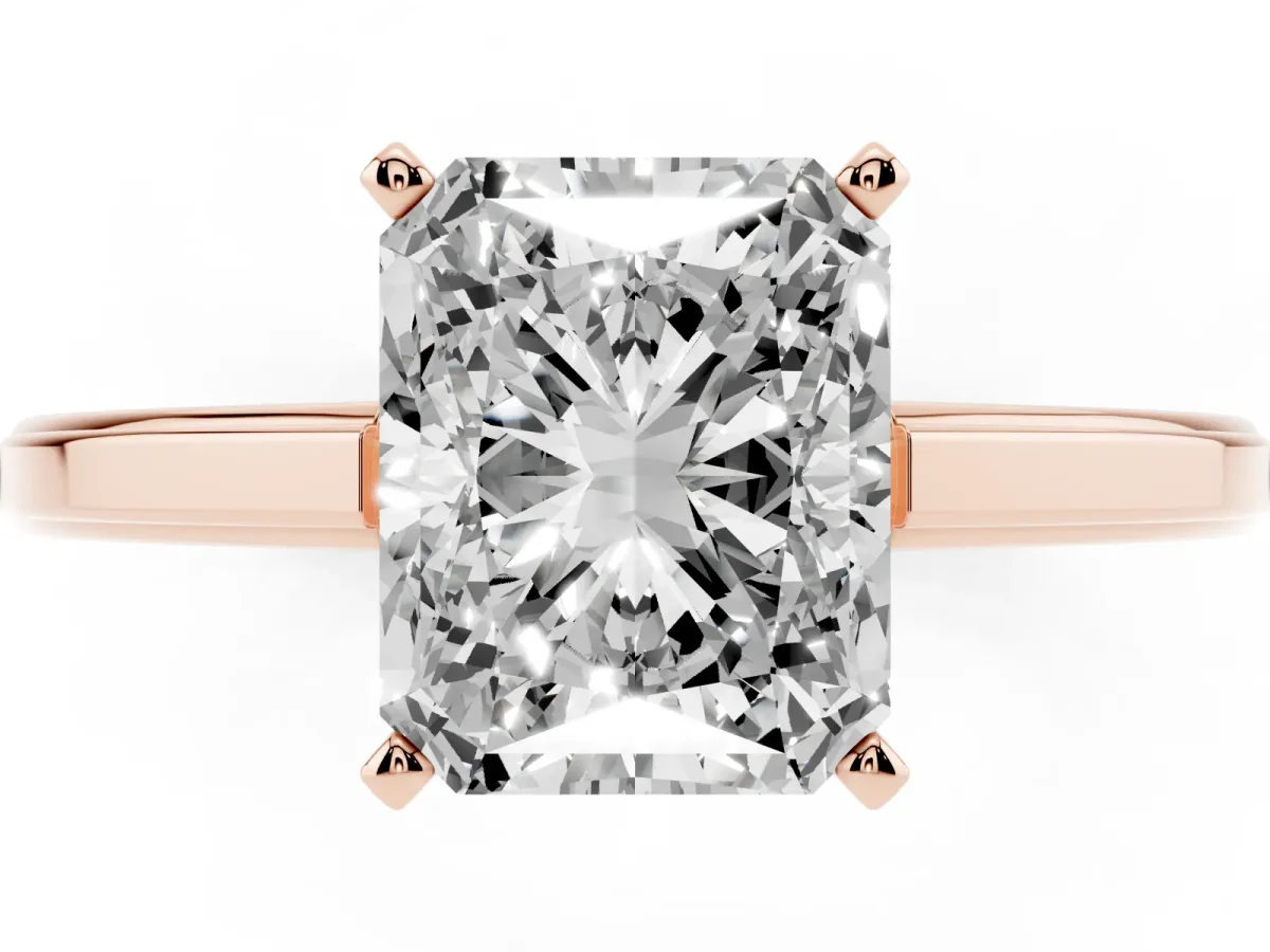 Radiant Cut Solitaire Diamond Ring with Four-Prong Setting and Classic Band Rose gold