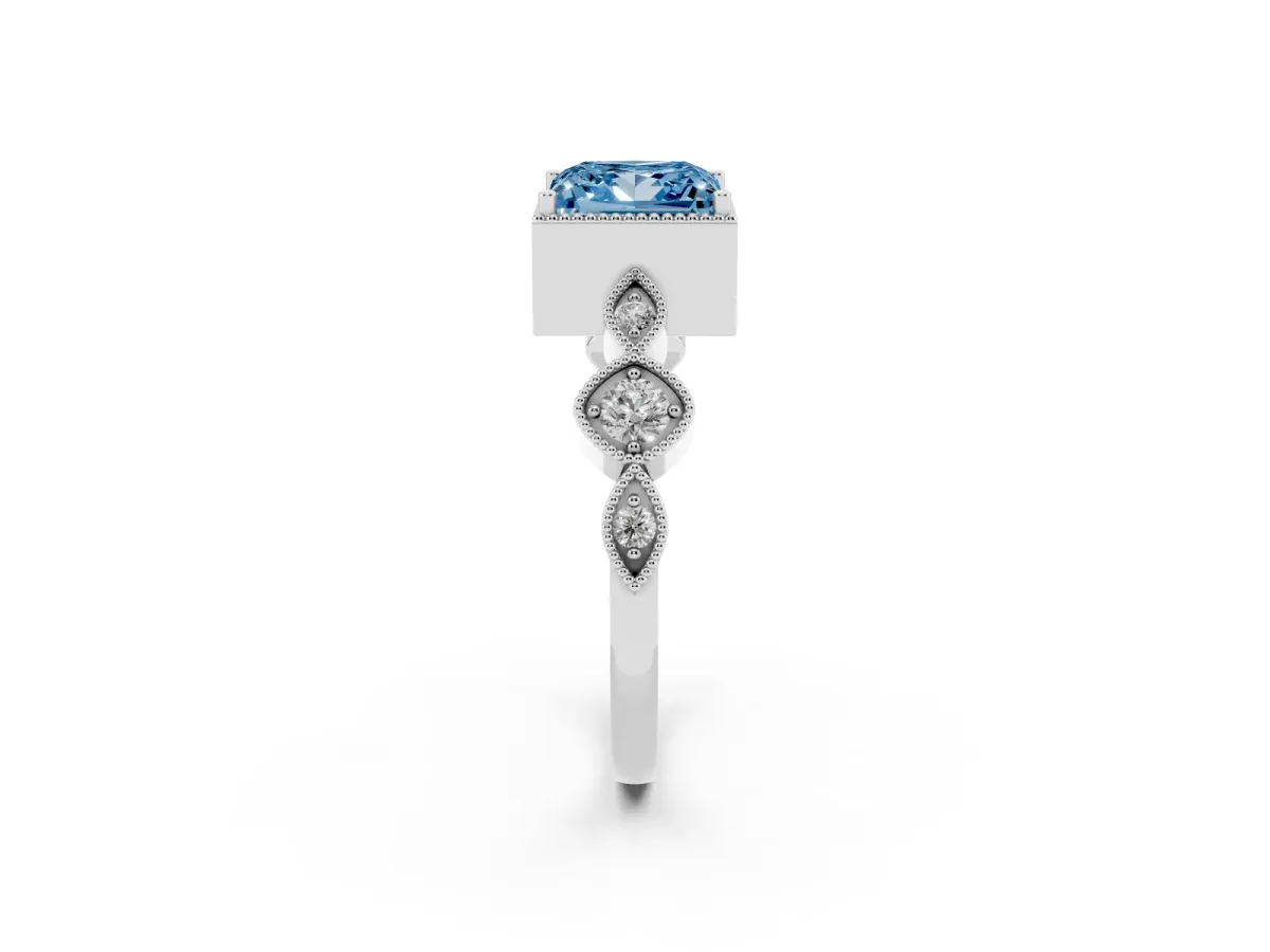 Fancy Blue Princess Cut Diamond Vintage Milgrain Ring with Round Stations Silver