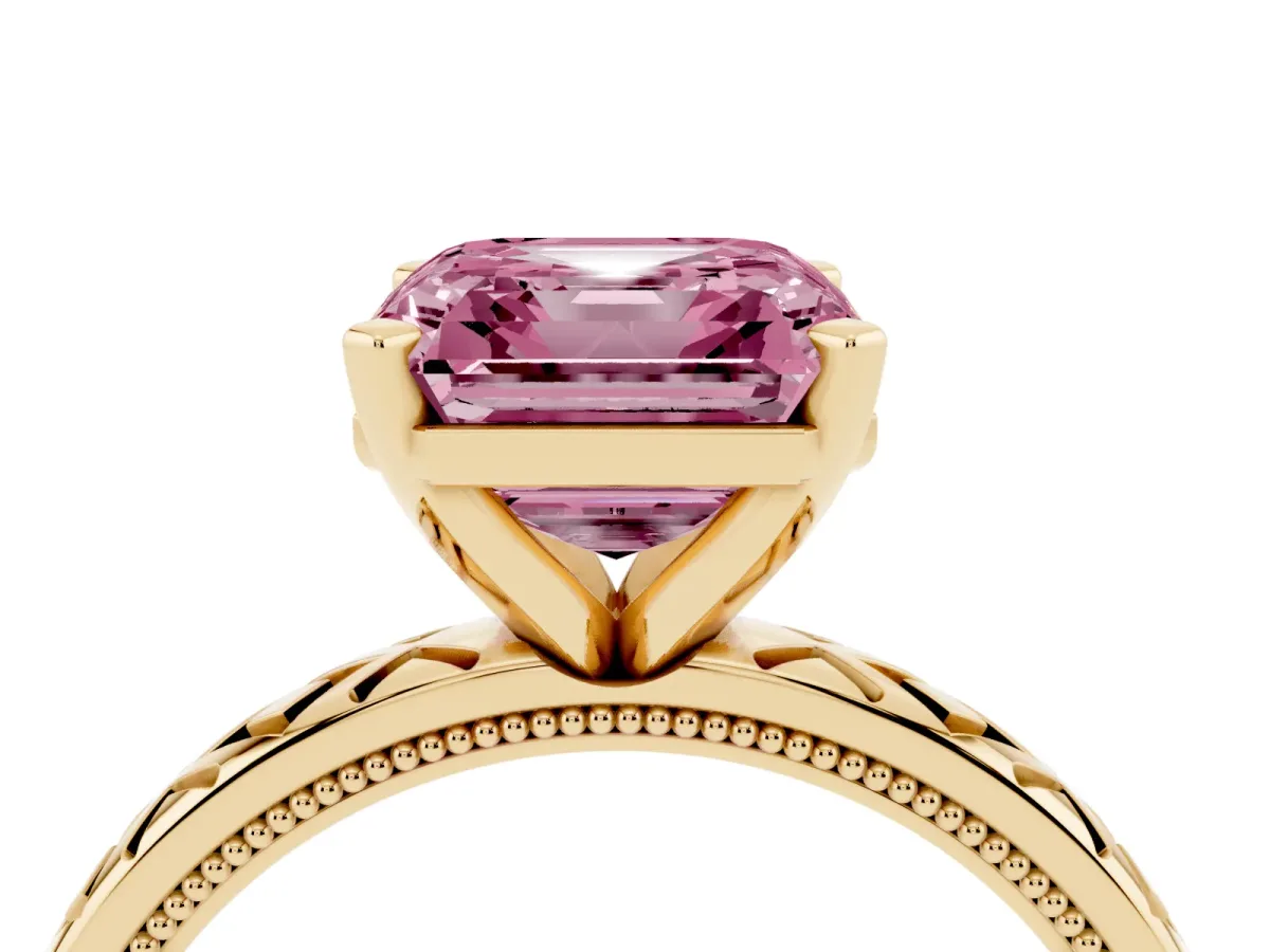 Fancy Pink Asscher Cut Solitaire Diamond Ring with Milgrain and Black Enamel X Pattern Band Yellow gold
