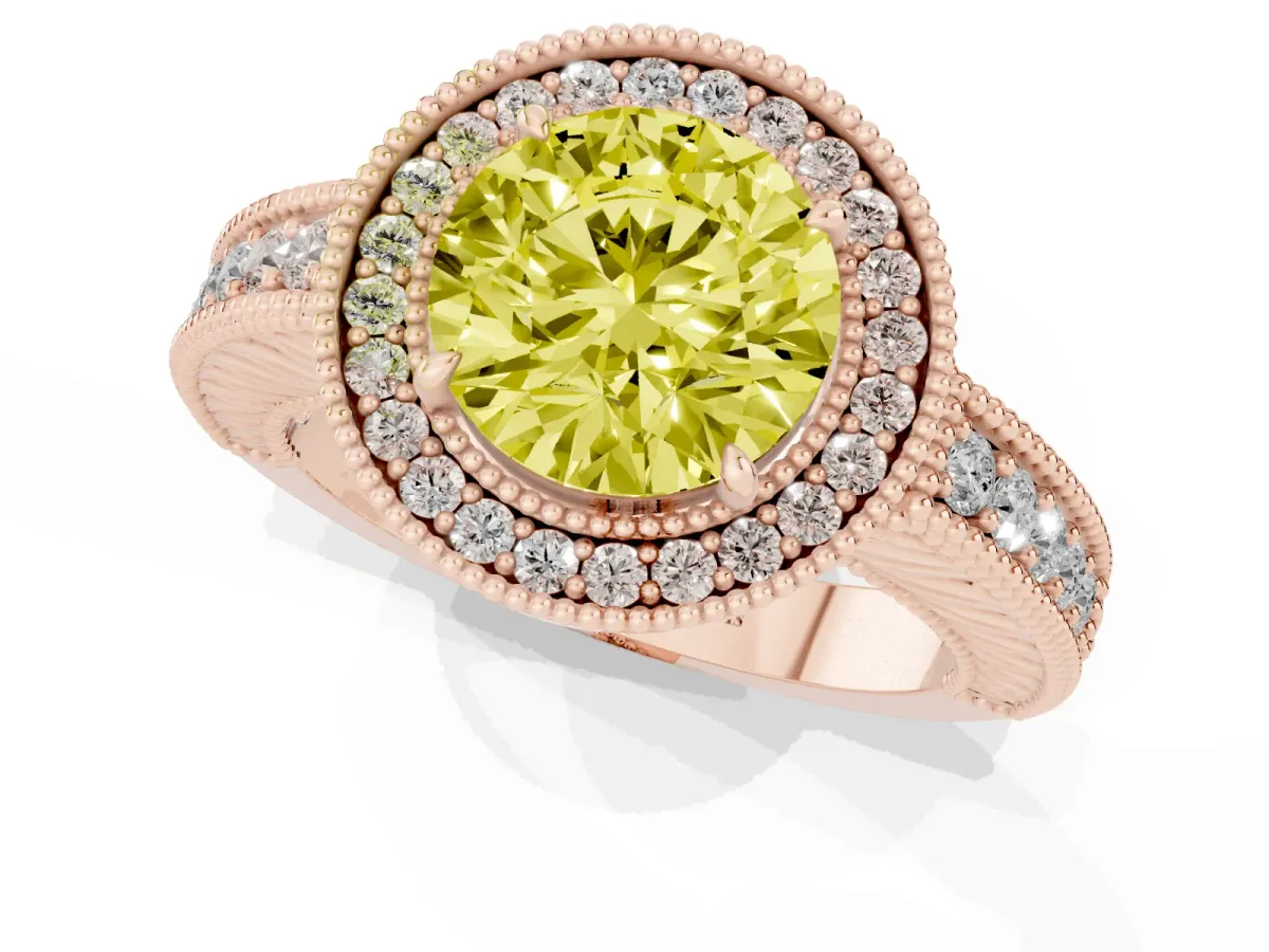 Fancy Yellow Round Cut Cut Halo Diamond Ring with Pavé Band and Four-Prong Setting Rose gold