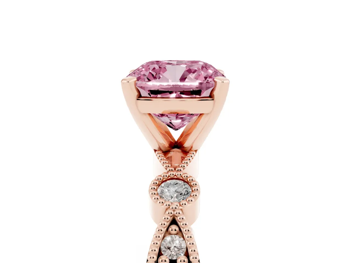 Fancy Pink Cushion Cut Milgrain Bezel Diamond Engagement Ring with Solitaire Prong Setting Rose gold