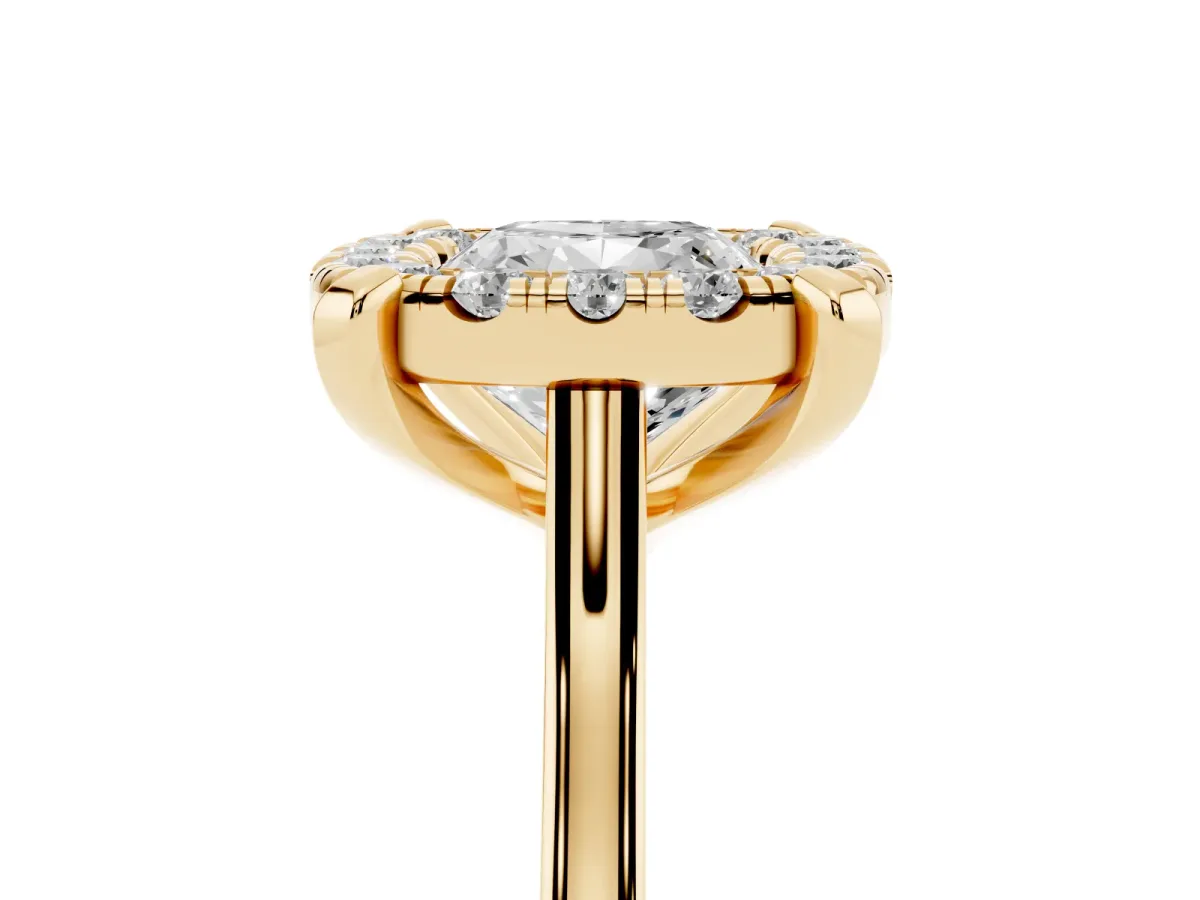 Cushion Cut Diamond Cluster Halo Solitaire with Four-Prong Setting Yellow gold