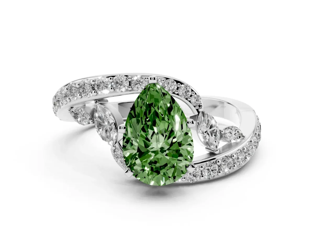 Fancy Green Pear Cut Solitaire with Pavé Twist Band and Four-Prong Setting Silver