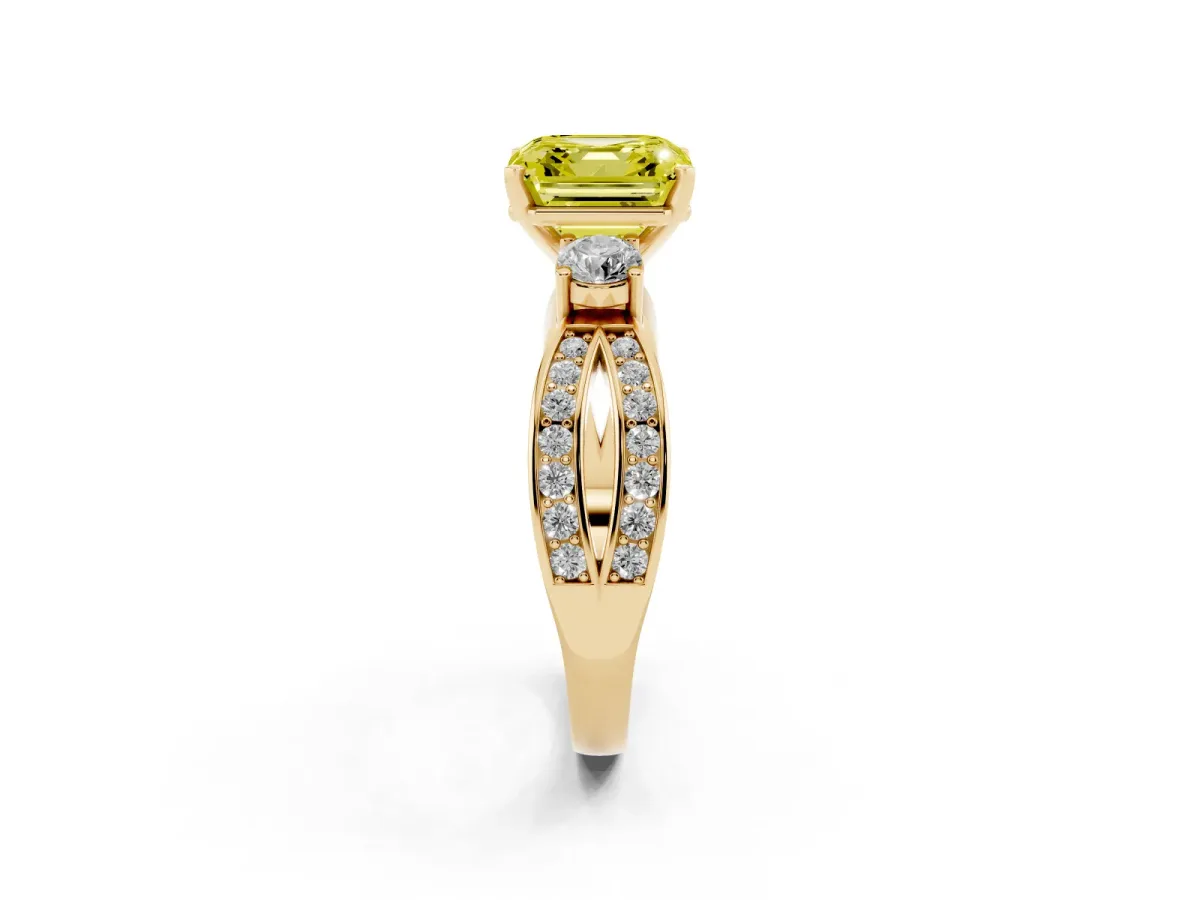 Fancy Yellow Three-Stone Asscher Cut Cut Diamond Twist Band with Prong Setting Yellow gold