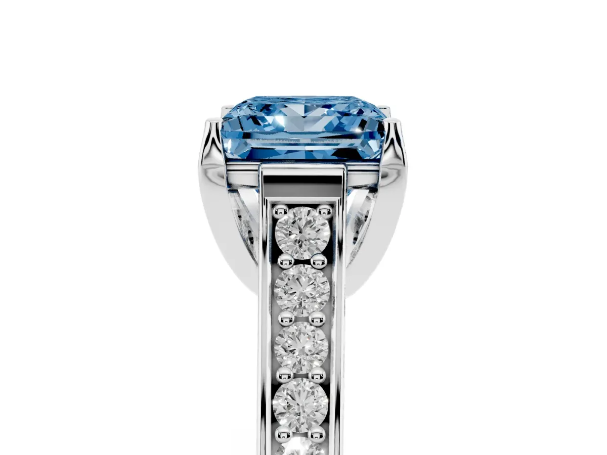 Fancy Blue Princess Cut Brilliant Cut Diamond Engagement Ring with Pavé Band and Four-Prong Setting Platinum