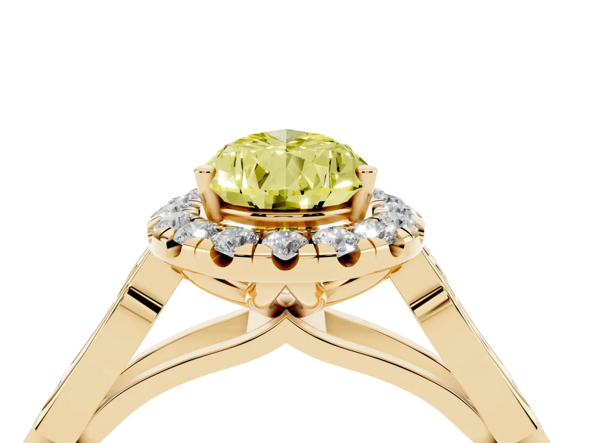 Fancy Yellow Pear Cut Halo Diamond Engagement Ring with Filigree Band and Four-Prong Setting Yellow gold
