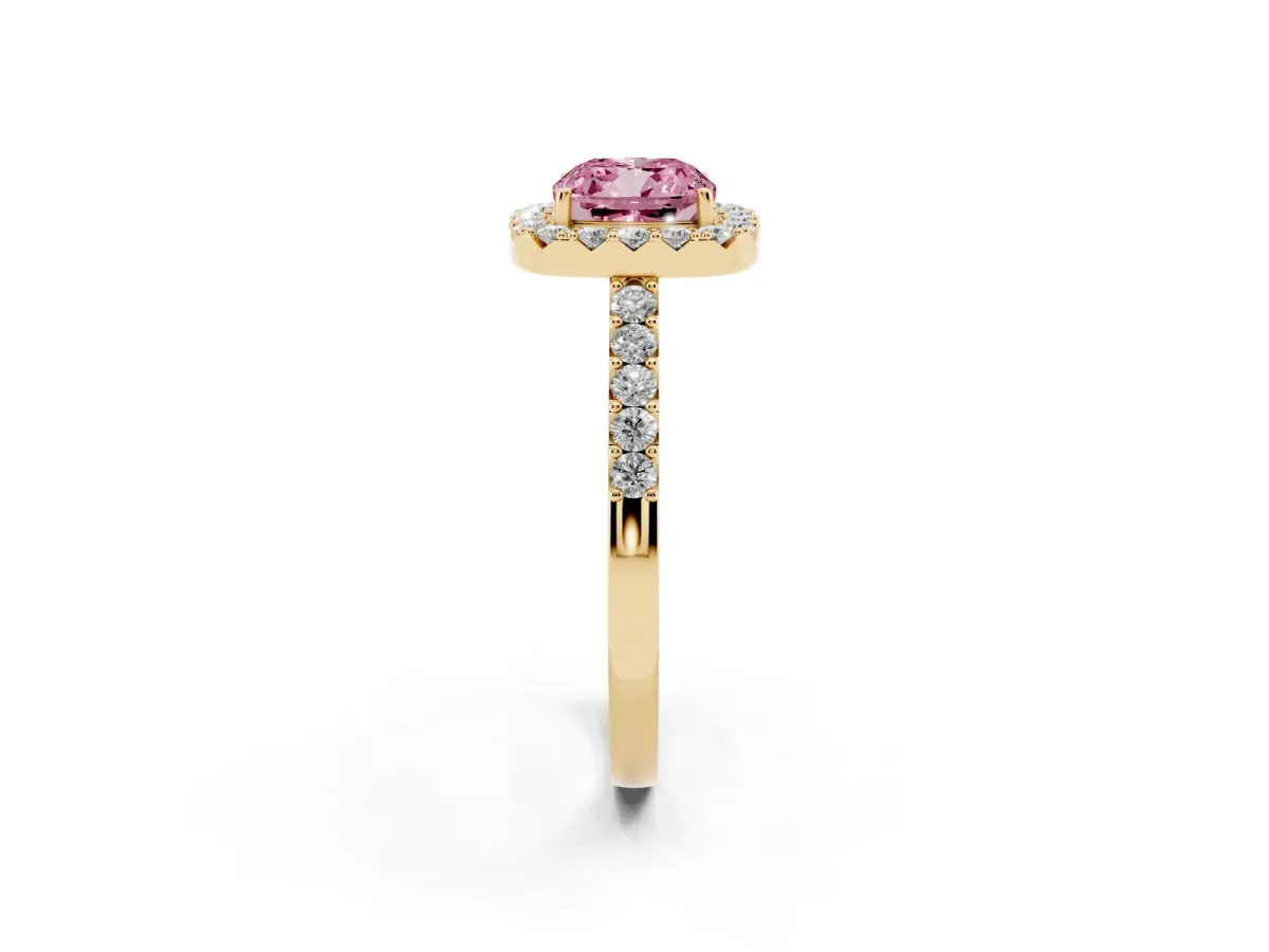 Fancy Pink Cushion Cut Halo Diamond Pavé Solitaire Ring Yellow gold