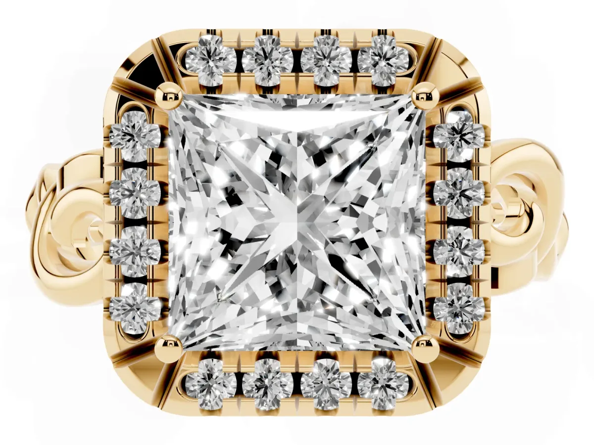 Princess Cut Cut Halo Diamond Ring with Scrollwork Band and Four-Prong Setting Yellow gold
