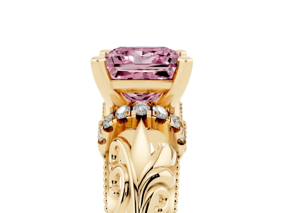 Fancy Pink Princess Cut Solitaire Filigree Engagement Ring with Halo and Prong Setting Yellow gold