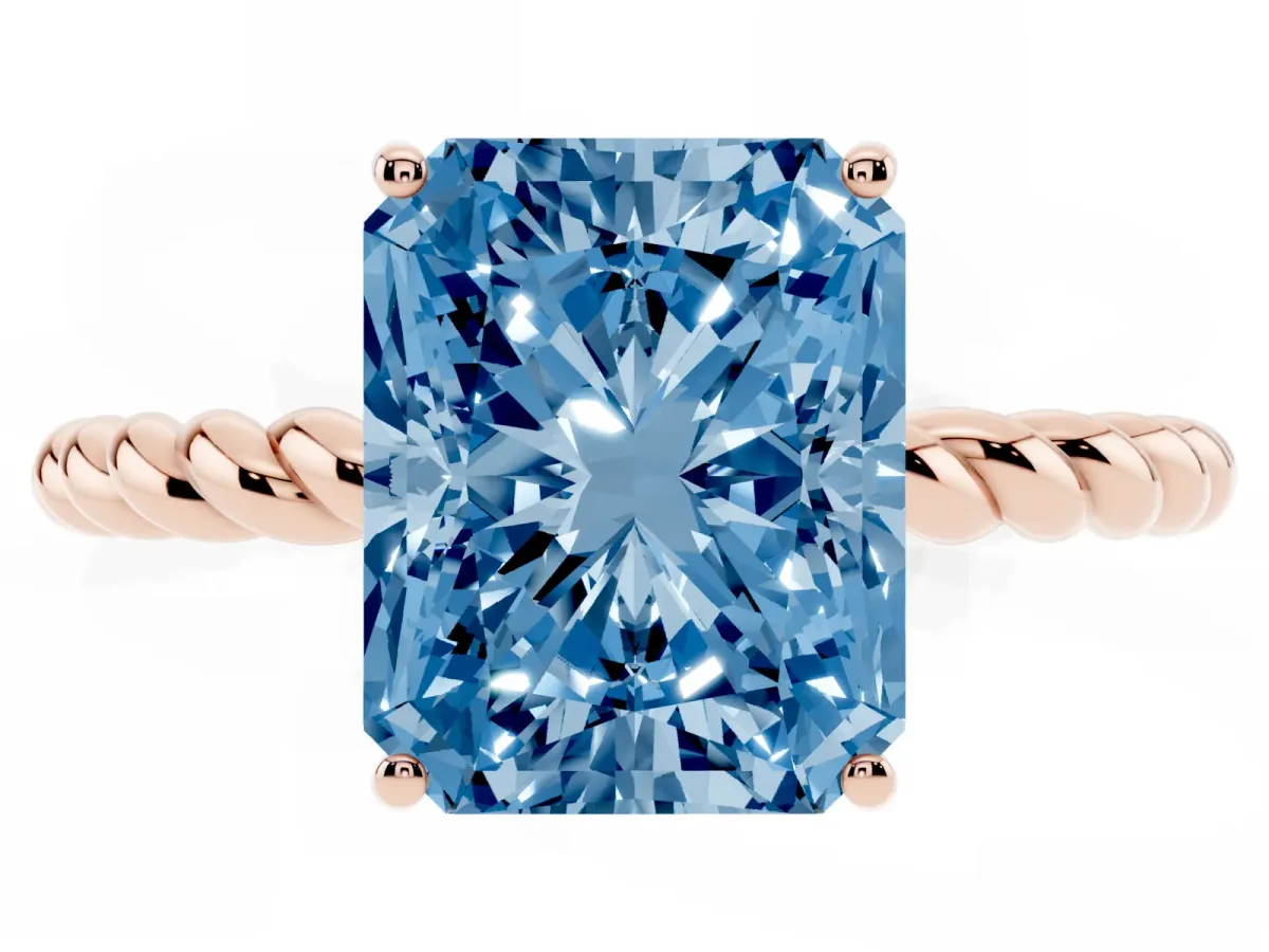 Fancy Blue Radiant Cut Solitaire Twist Band Ring with Four-Prong Setting Rose gold