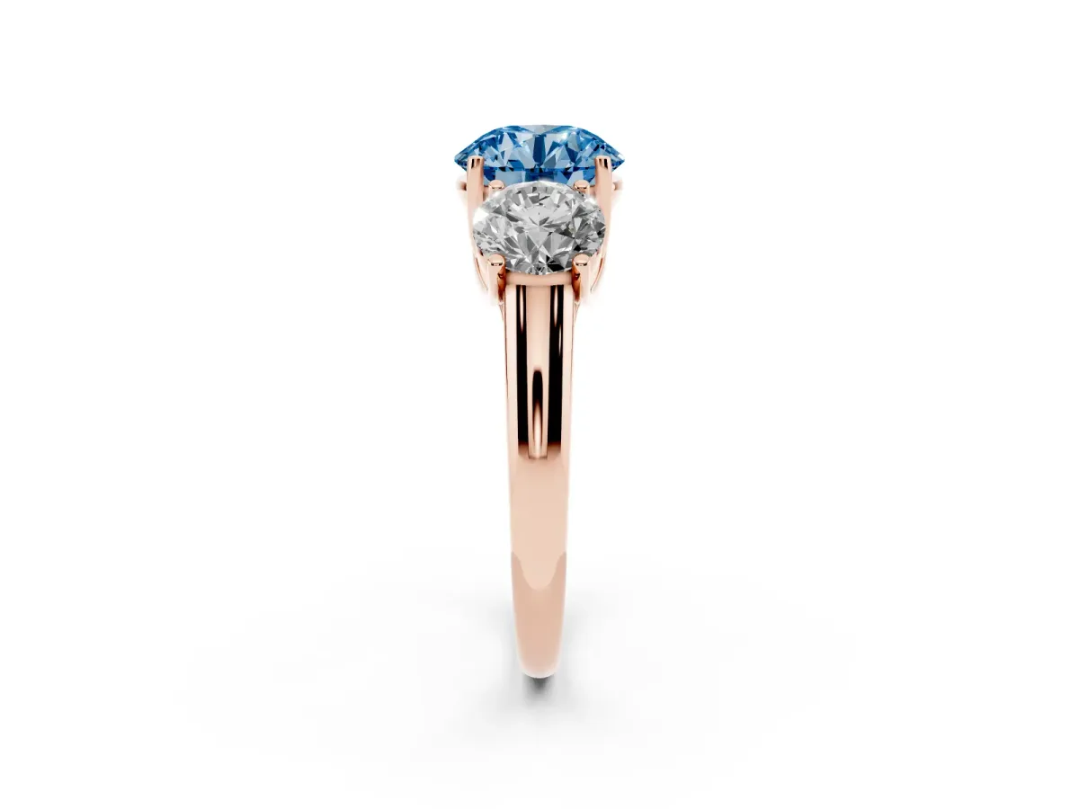 Fancy Blue Three-Stone Round Cut Diamond Engagement Ring with Prong Setting Rose gold