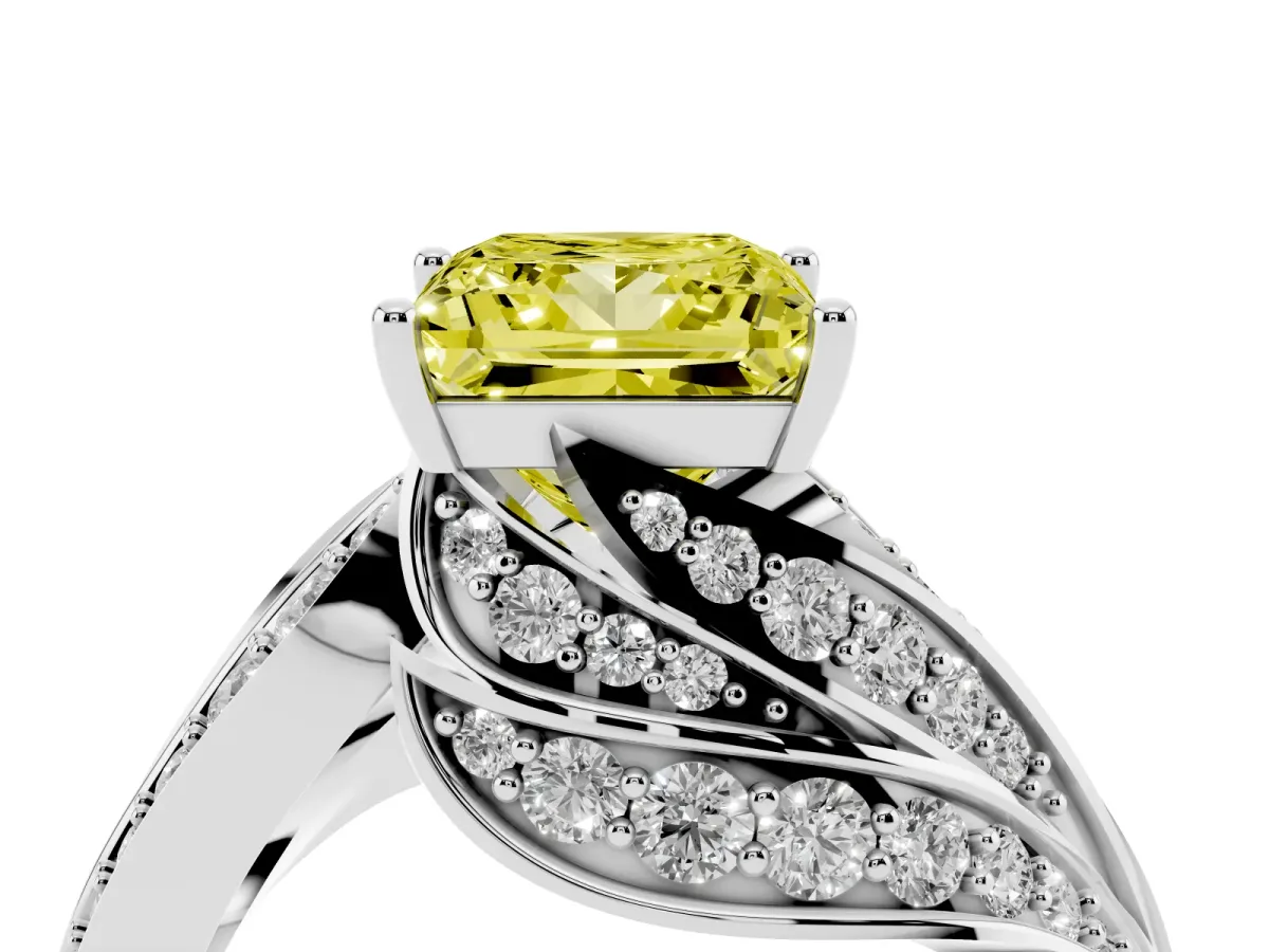 Fancy Yellow Princess Cut Diamond Solitaire Ring with Prong Setting and Twisted Pavé Band White gold