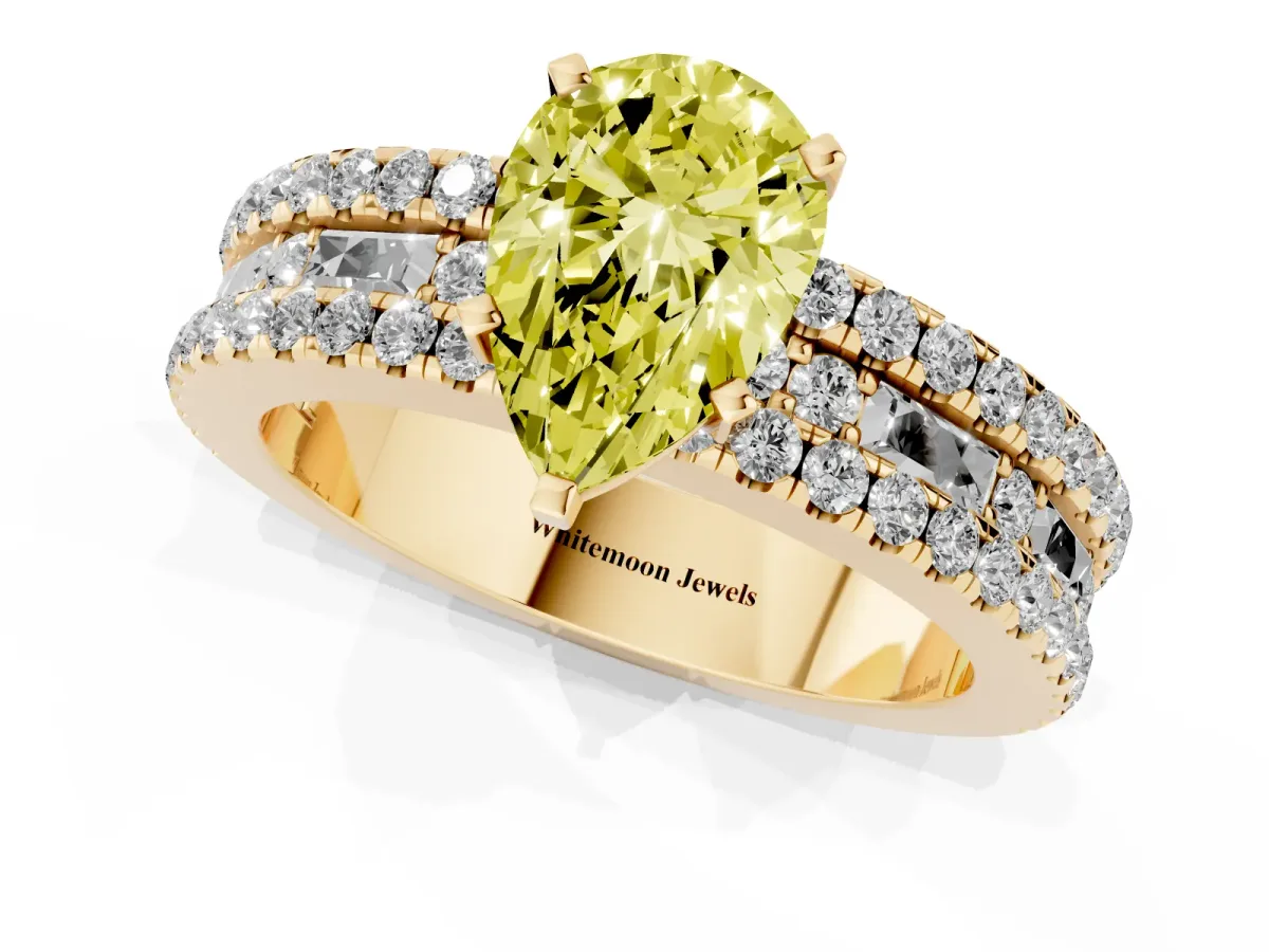 Fancy Yellow Pear Cut Diamond Solitaire Ring with Pavé and Channel Set Band Yellow gold