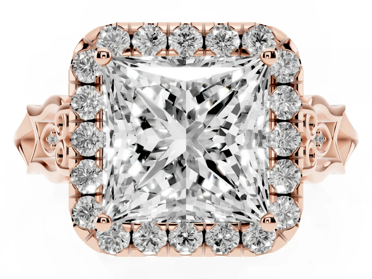 Princess Cut Halo Diamond Engagement Ring with Filigree Band and Four-Prong Setting Rose gold