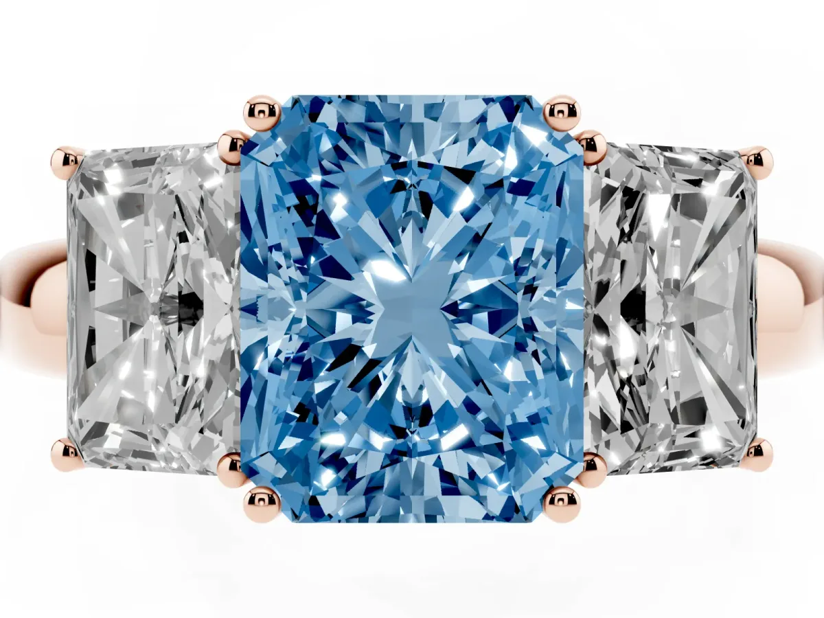 Fancy Blue Radiant Cut Diamond Three-Stone Ring with Four-Prong Setting and Classic Band Rose gold