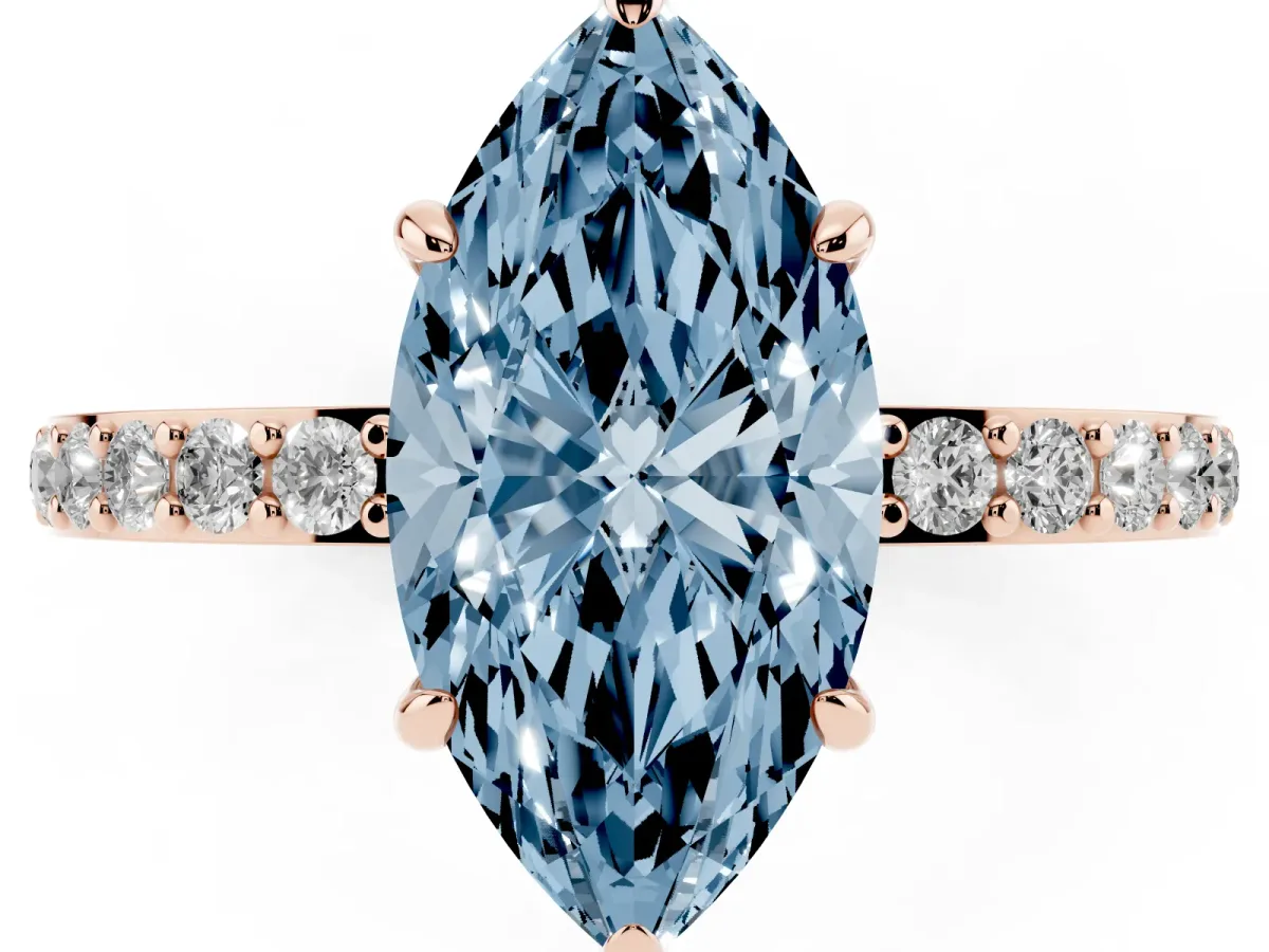 Fancy Blue Marquise Cut Diamond Pavé Engagement Ring with Round Accents and Prong Setting Rose gold