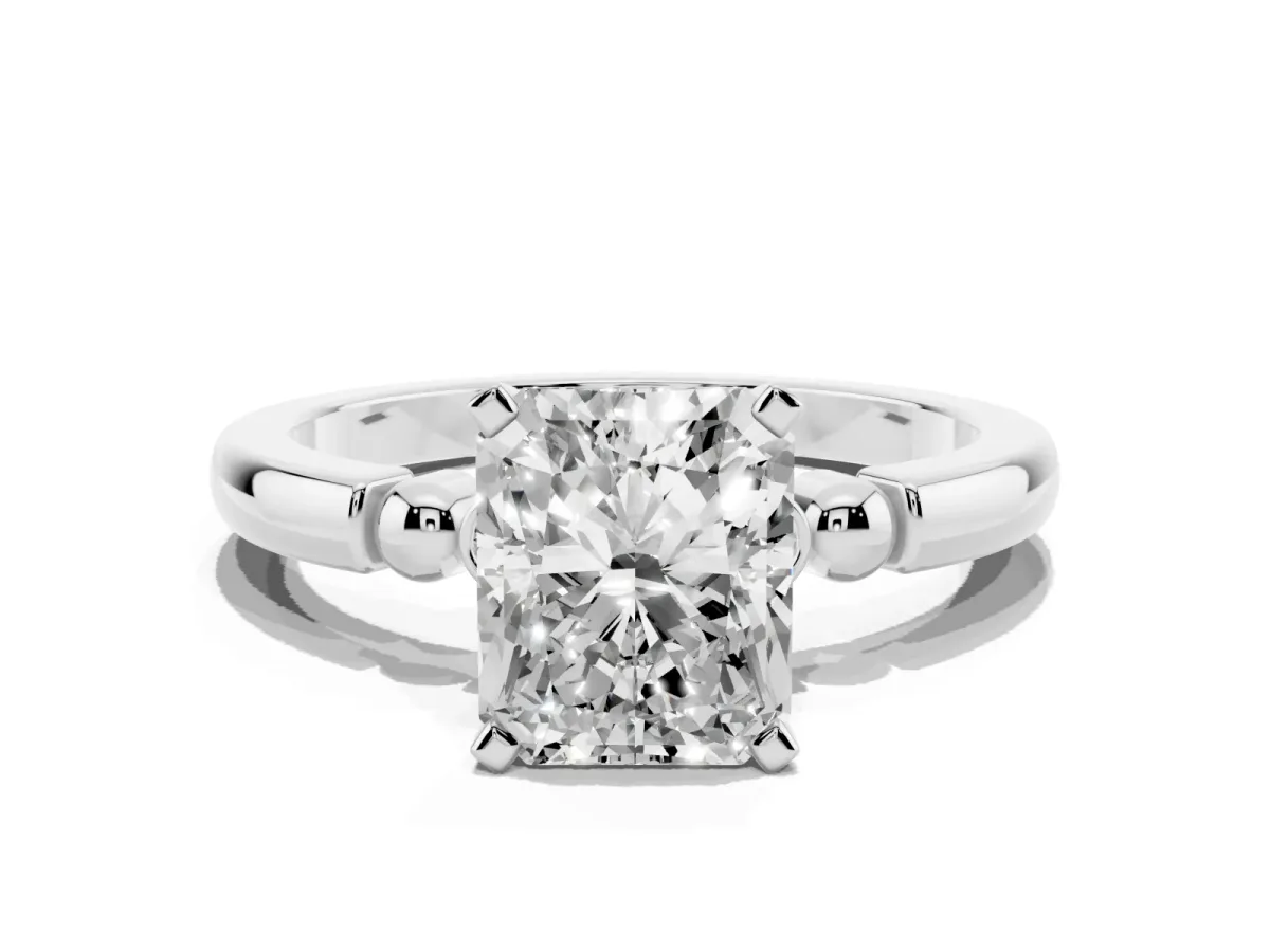 Radiant Cut Solitaire Beaded Band with Four-Prong Setting Silver