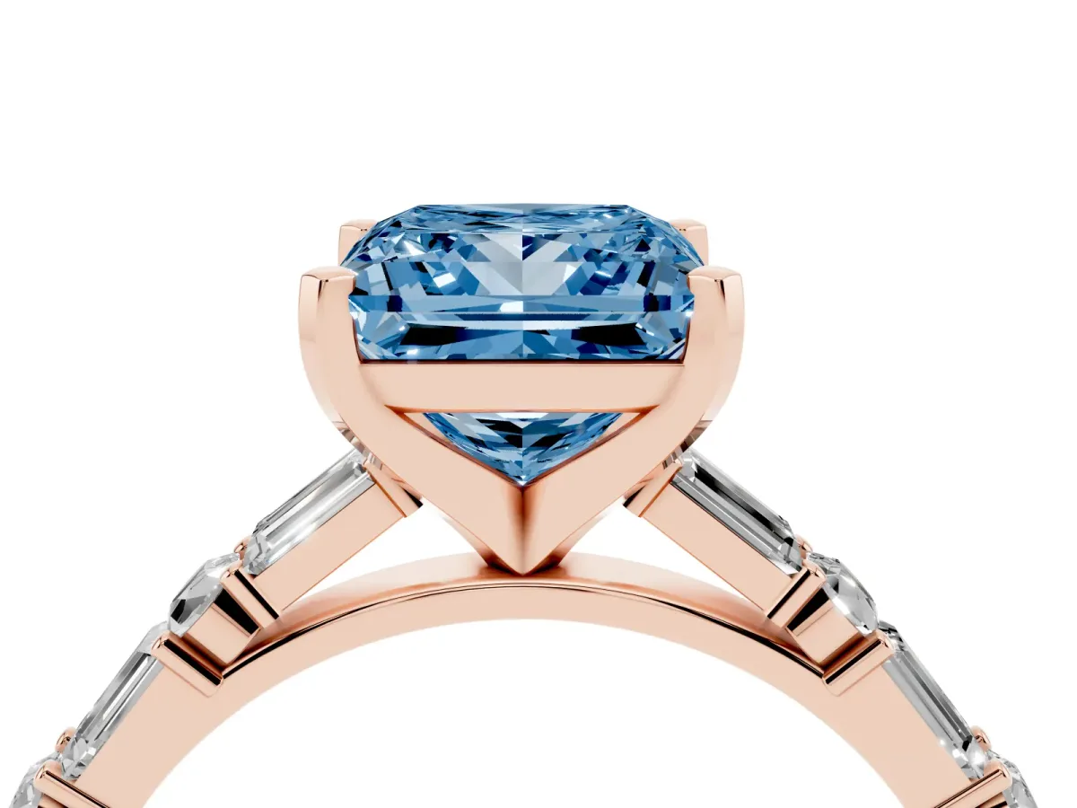Fancy Blue Princess Cut Diamond Solitaire with Side Baguettes and Channel Set Band Rose gold