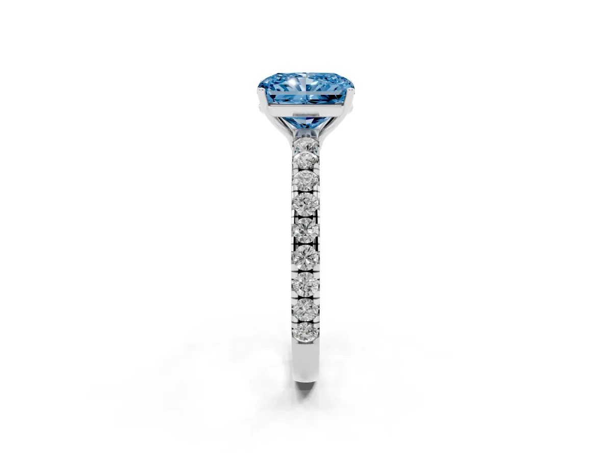 Fancy Blue Radiant Cut Diamond Pavé Solitaire Engagement Ring with Four-Prong Setting Silver