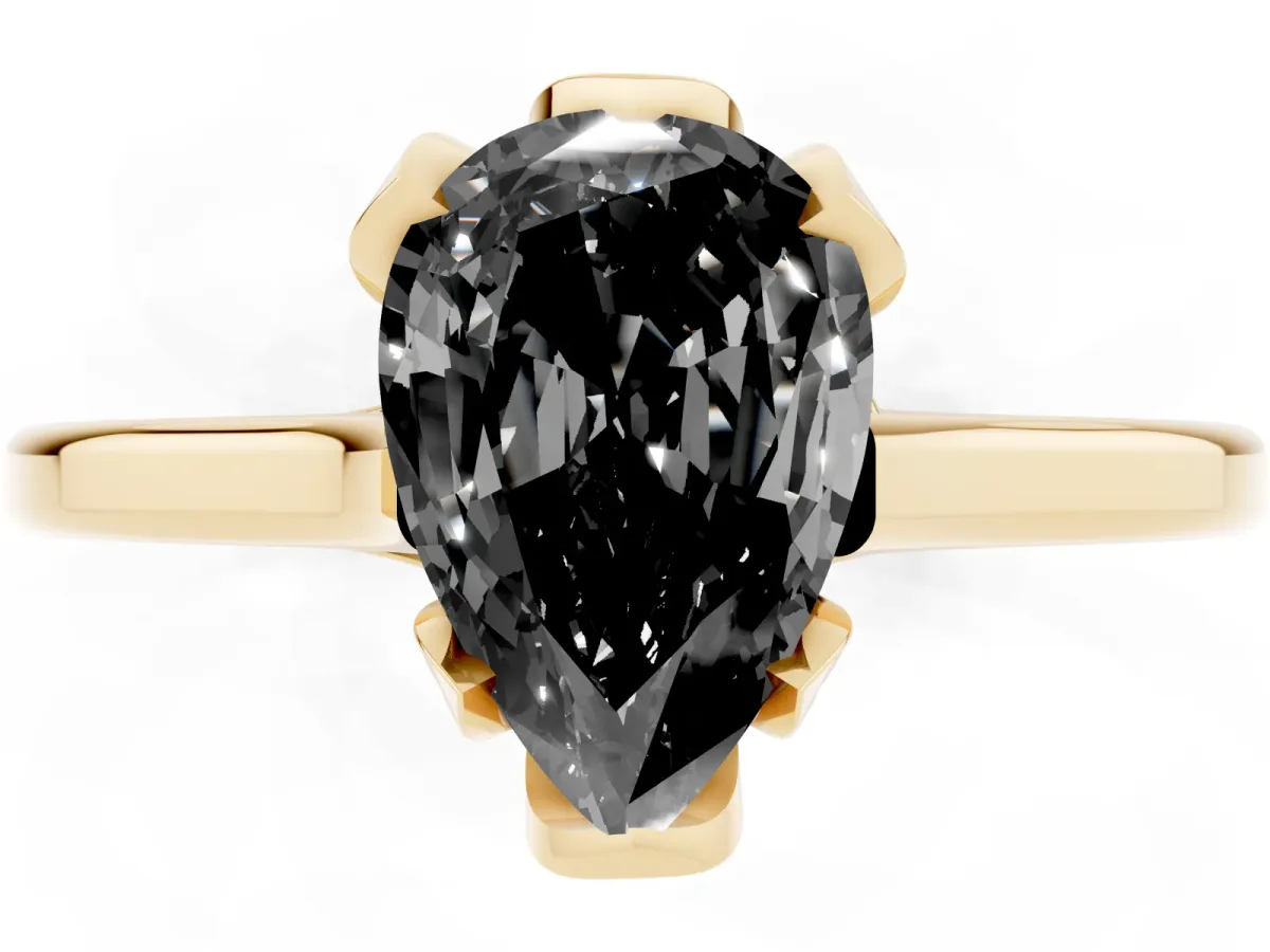 Fancy Black Pear Cut Diamond Solitaire Ring with Flower Prong Setting and Classic Band Yellow gold
