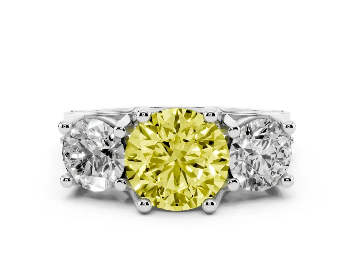 Fancy Yellow Round Cut Diamond Three-Stone Ring with Channel Set Band and Four-Prong Setting Silver