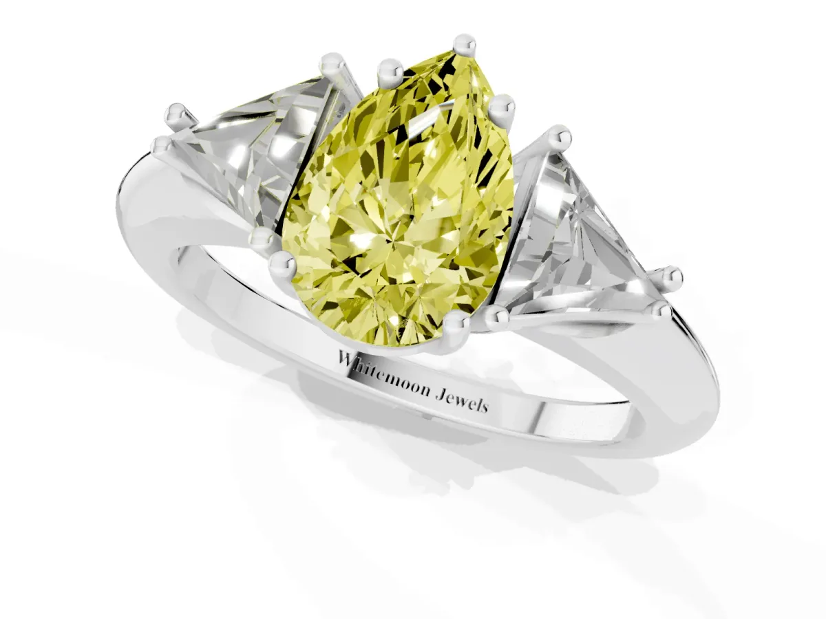 Fancy Yellow Three-Stone Pear Cut Diamond Engagement Ring with Trillion Side Stones and Prong Setting Silver