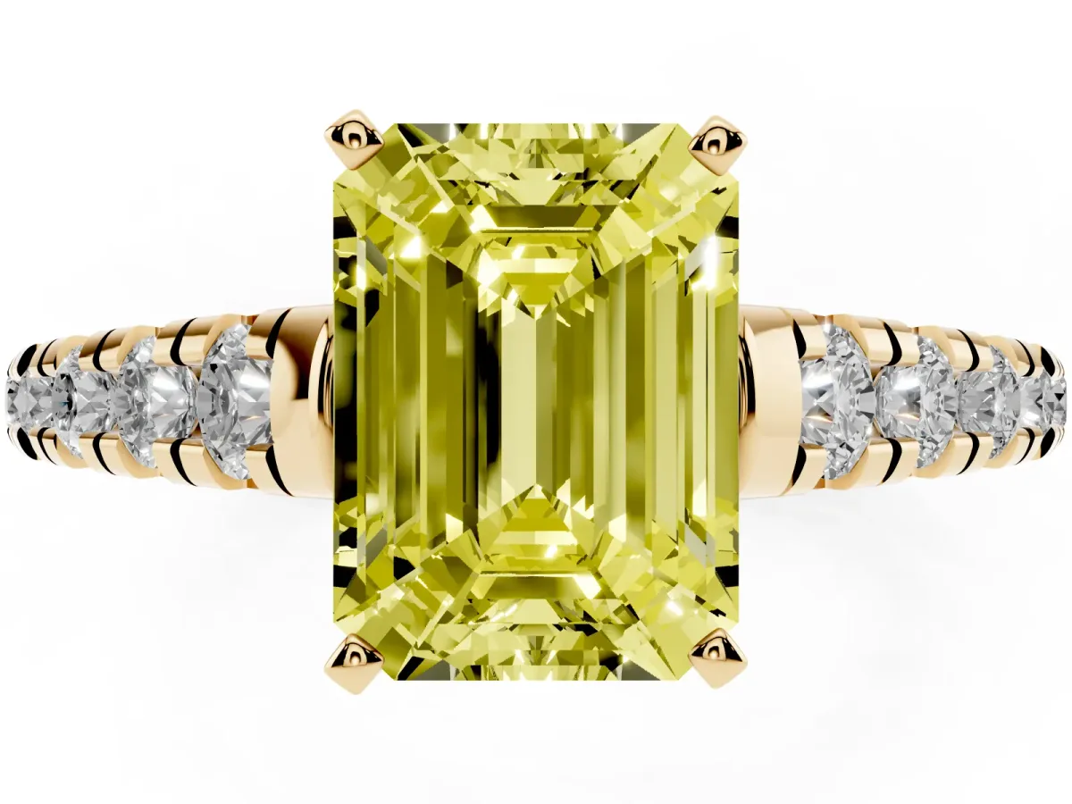 Fancy Yellow Emerald Cut Diamond Cathedral Solitaire Ring with Round Pavé Band Yellow gold