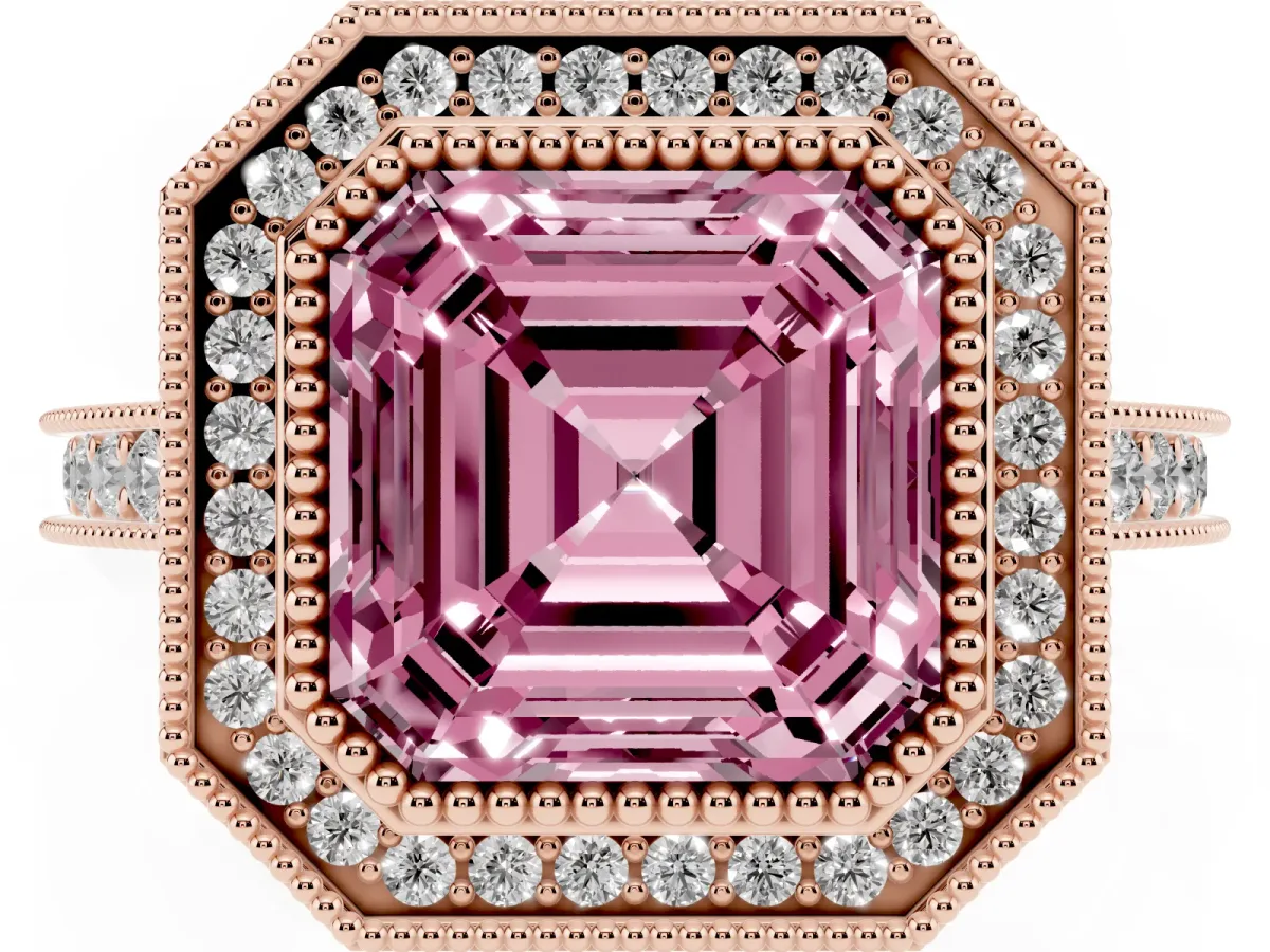 Fancy Pink Halo Asscher Cut-Cut Diamond Pave Band Milgrain Prong Setting Ring Rose gold