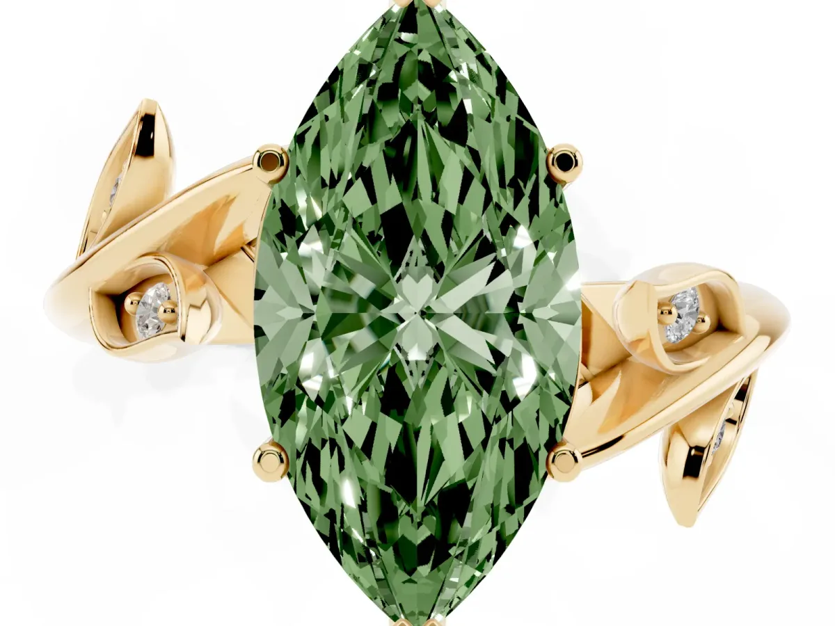 Fancy Green Marquise Cut Solitaire Twist Engagement Ring with Leaf Accents and Prong Setting Yellow gold