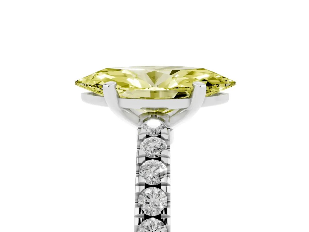 Fancy Yellow Marquise Cut Solitaire Diamond with Pavé Band and Four-Prong Setting Platinum