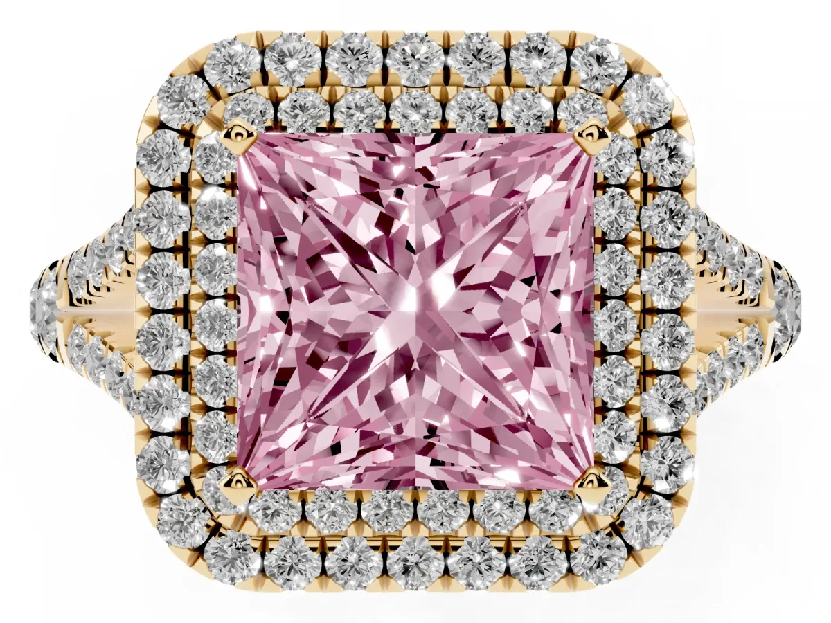 Fancy Pink Princess Cut Diamond Pavé Split Shank Double Halo Engagement Ring Yellow gold