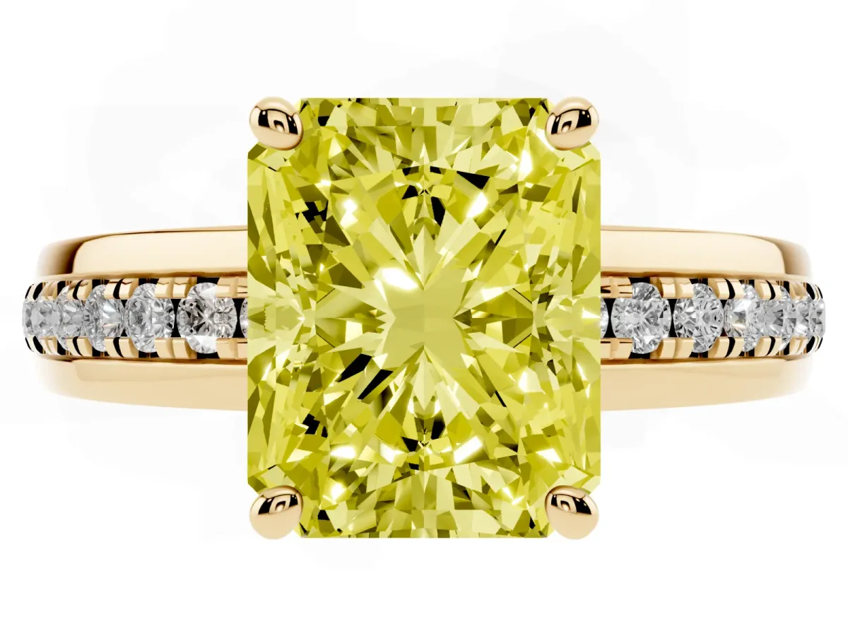 Fancy Yellow Radiant Cut Solitaire Diamond Ring with Channel Set Band and Six-Prong Setting Yellow gold