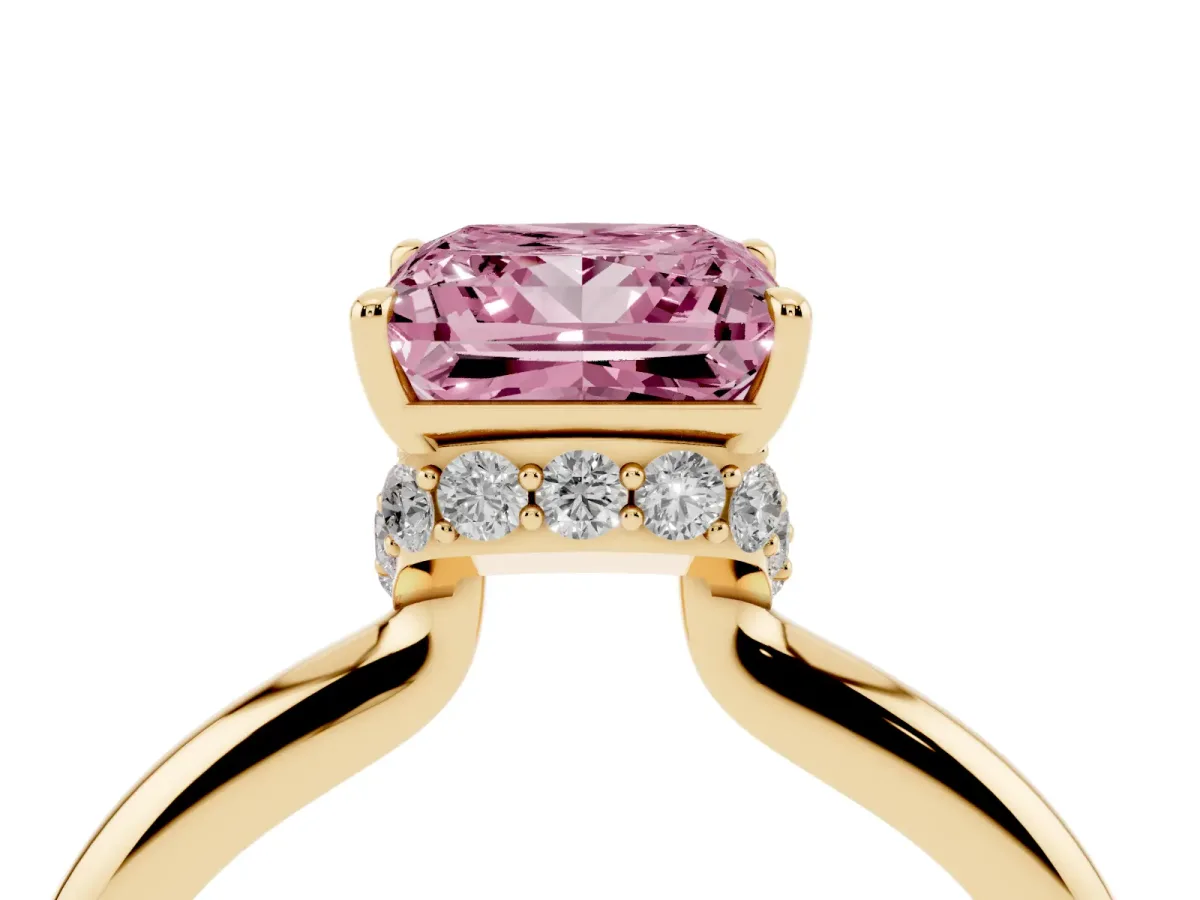 Fancy Pink Princess Cut Brilliant Solitaire Engagement Ring with Six-Prong Setting and Classic Band Yellow gold