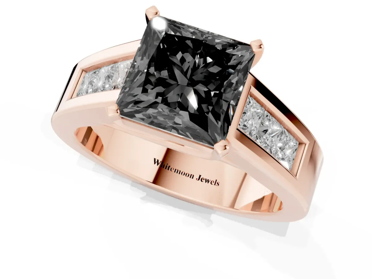 Fancy Black Princess Cut Cut Channel Set Solitaire Ring with Four-Prong Setting Rose gold