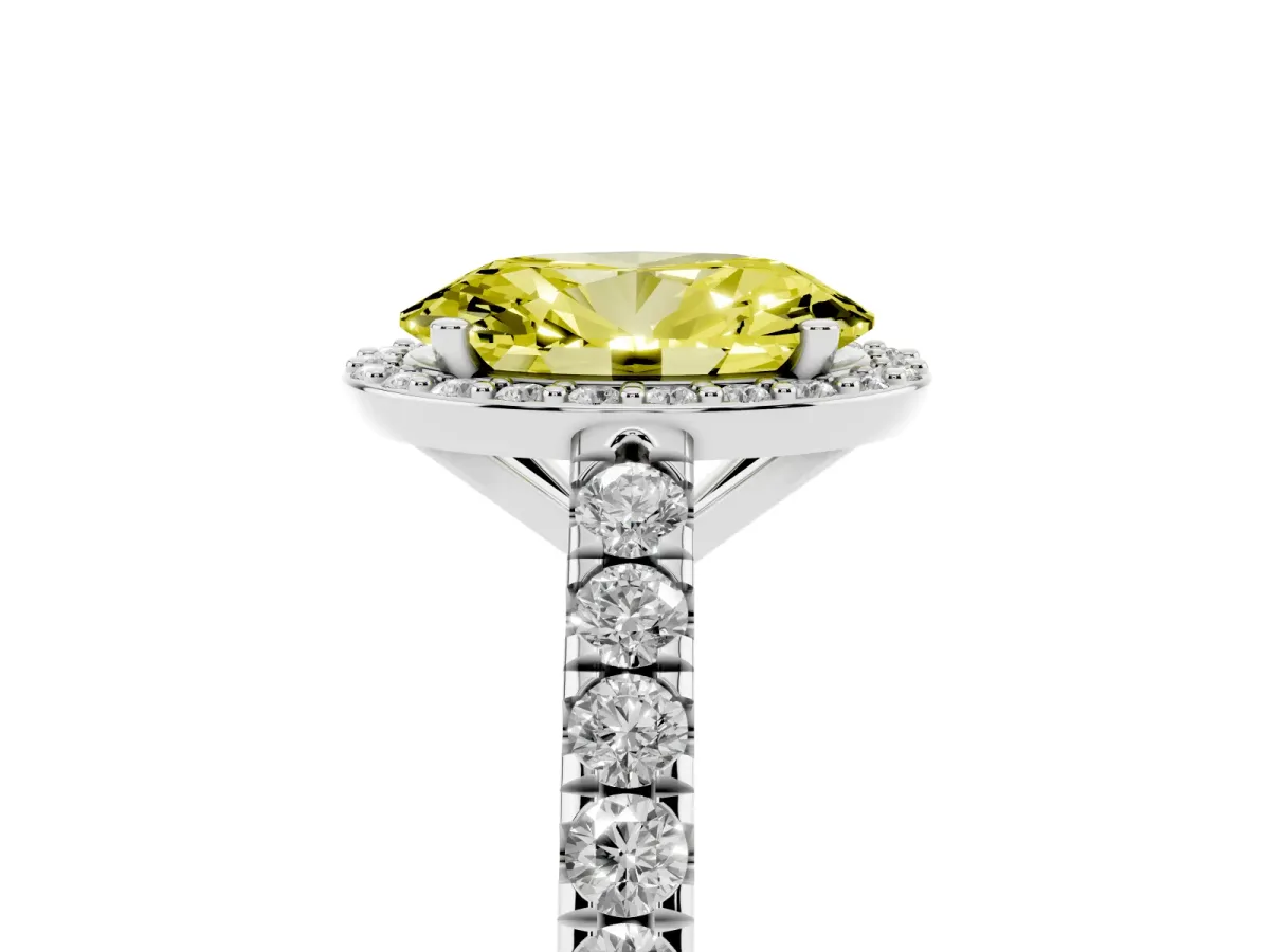 Fancy Yellow Oval Cut Cut Halo Diamond Engagement Ring with Pave Band and Four-Prong Setting Silver
