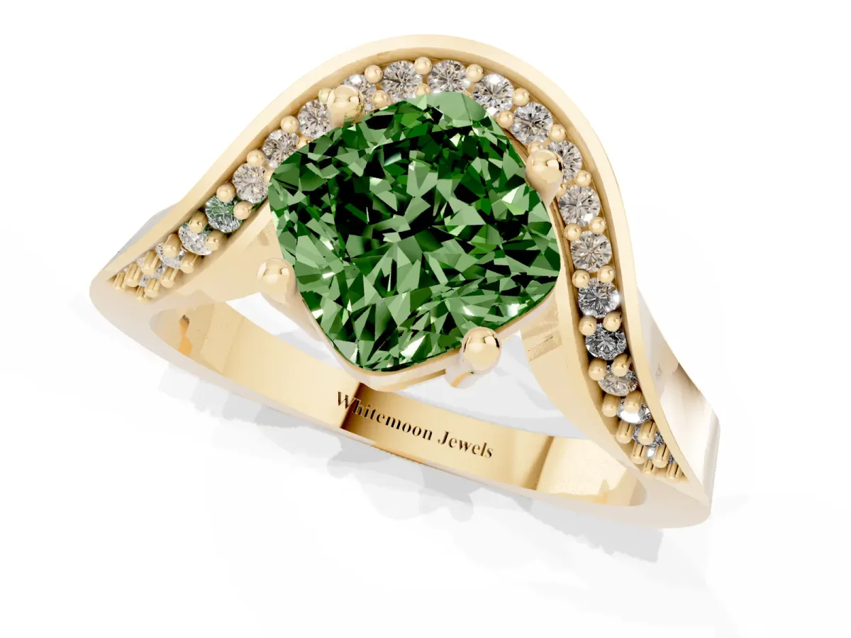 Fancy Green Cushion Cut Solitaire Diamond Engagement Ring with Pave Band and Four-Prong Setting Yellow gold