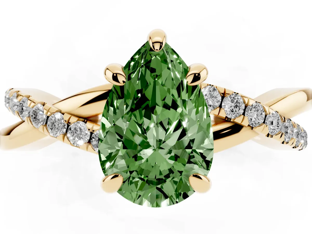 Fancy Green Pear Cut Cut Diamond Twist Band Solitaire with Prong Setting Yellow gold