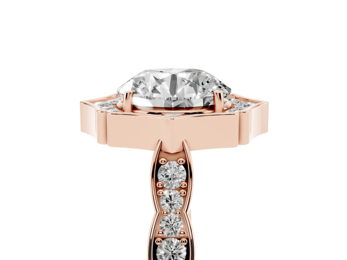 Round Cut Halo Diamond Engagement Ring with Milgrain Band and Four-Prong Setting Rose gold