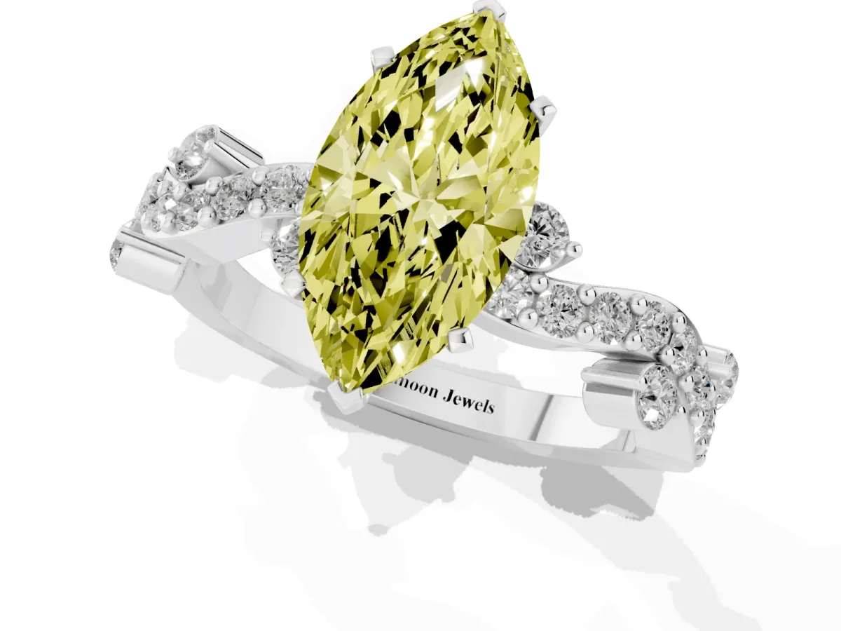 Fancy Yellow Marquise Cut Cut Solitaire Diamond Twisted Band with Pave Setting Silver