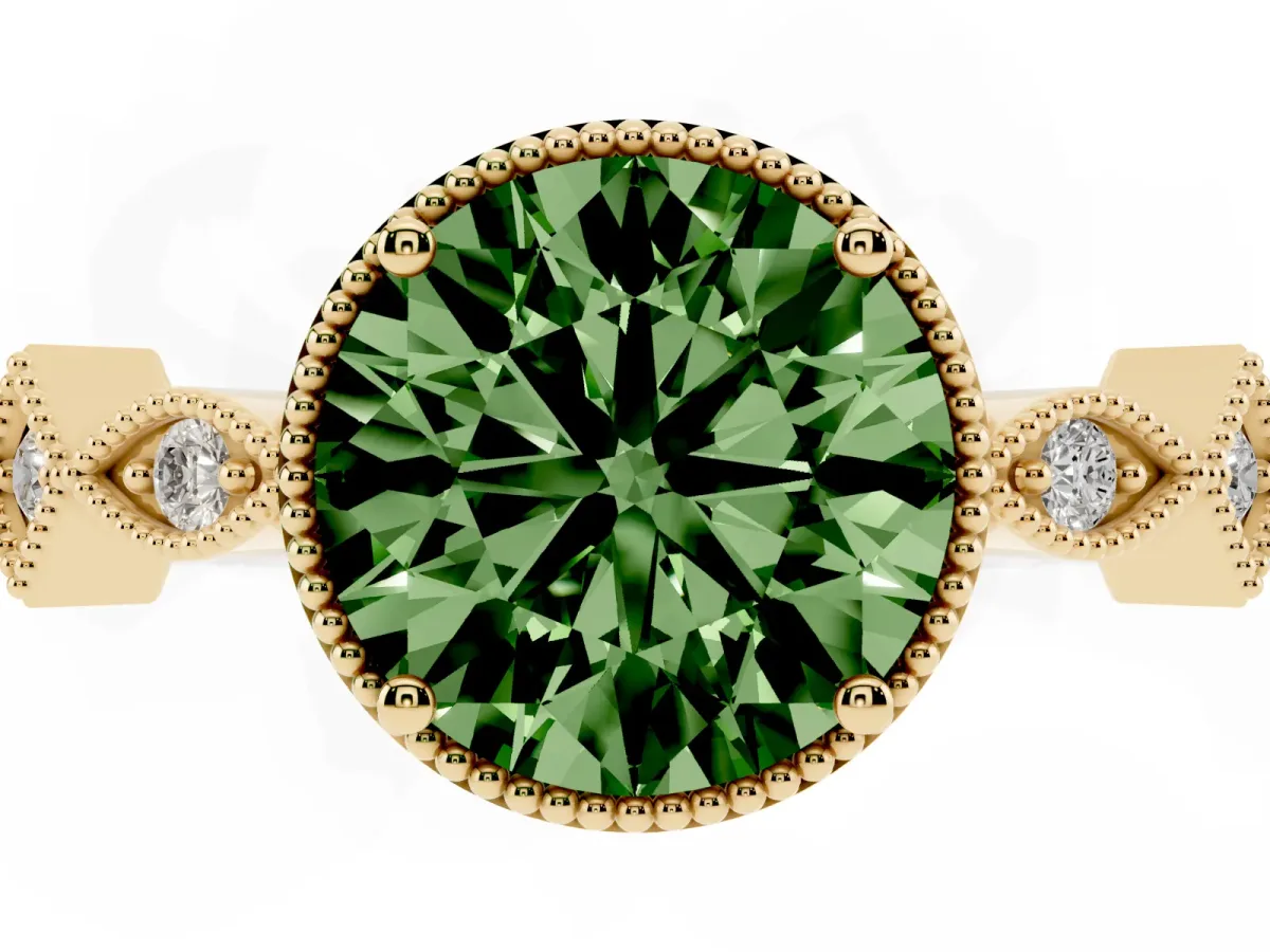 Fancy Green Round Cut Milgrain Marquise Diamond Twist Band Ring Yellow gold