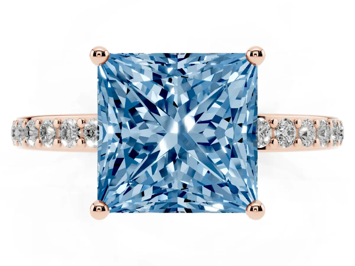 Fancy Blue Princess Cut Cut Diamond Pavé Band Ring with Four-Prong Setting Rose gold