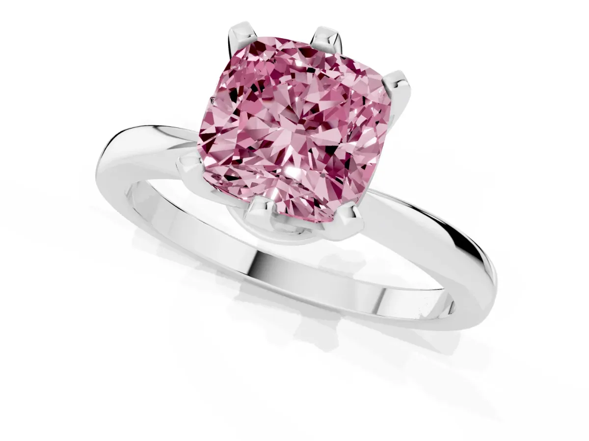 Fancy Pink Cushion Cut Solitaire Engagement Ring with Six-Prong Setting and Tapered Band Silver