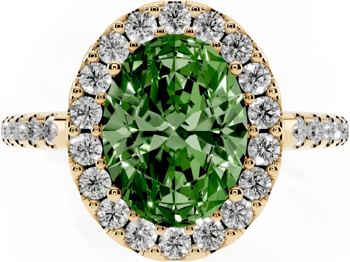 Fancy Green Oval Cut Diamond Pavé Halo Ring with Four-Prong Setting Yellow gold