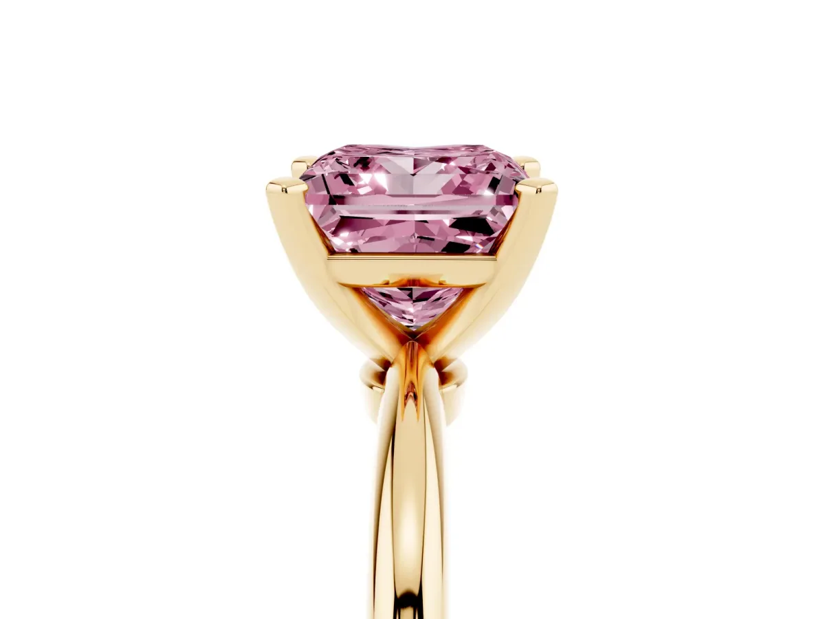 Fancy Pink Princess Cut Diamond Solitaire Ring with Prong Setting and Classic Band Yellow gold