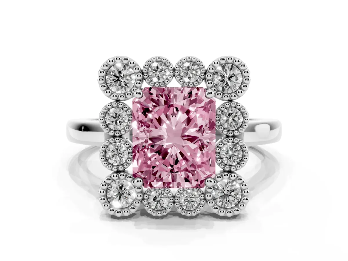 Fancy Pink Radiant Cut Halo Diamond Cluster Engagement Ring with Milgrain Bezel Setting and Solitaire Band Platinum